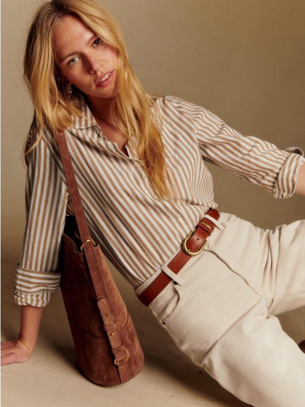 Sézane Tomboy Shirt in Ecru-Camel Stripe